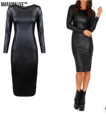 European and American nightclub dress faux leather long sleeve round neck to knee bag hip tight pencil skirt