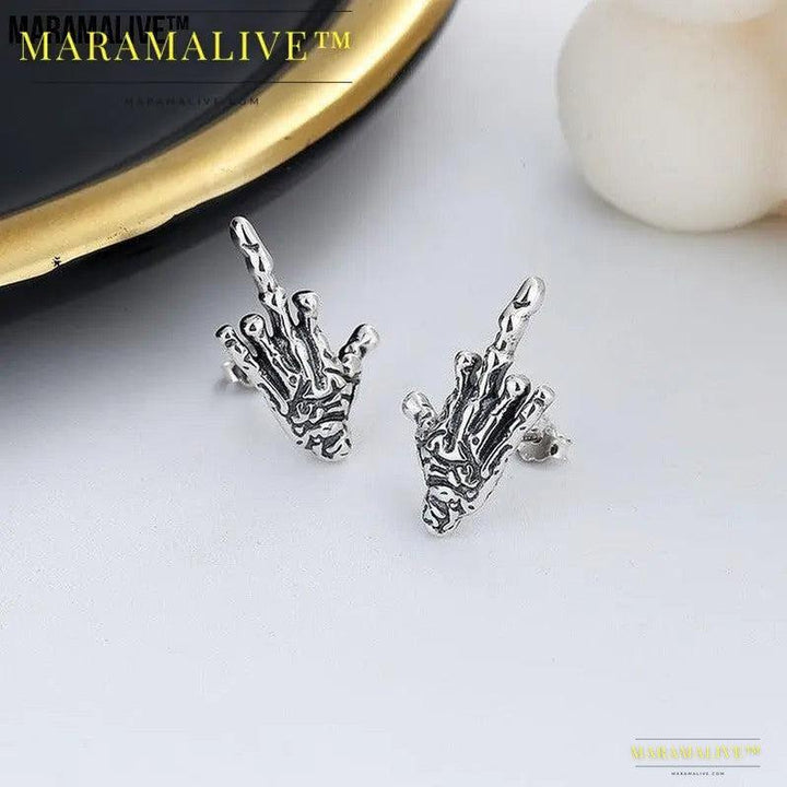 Exaggerated Gothic Dark Skull Hand Stud Earrings In Sterling Silver