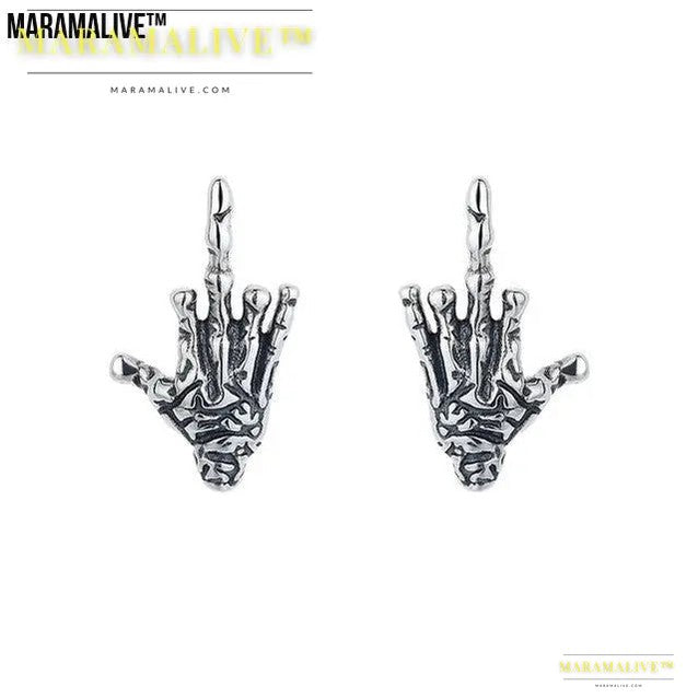 Exaggerated Gothic Dark Skull Hand Stud Earrings In Sterling Silver