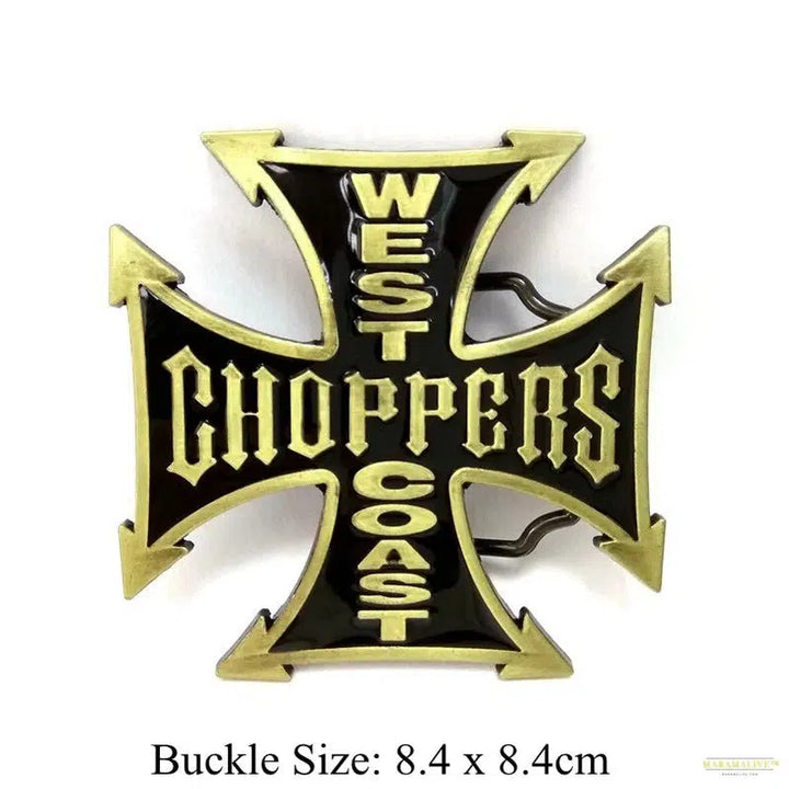 Exceptional Black Casual Waist Hip Belt with Golden Letters - CHOPPERS WEST COAST Cross Metal Buckle - Trendy Western Cowboy Accessory