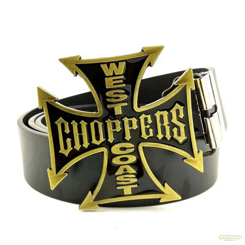 Exceptional Black Casual Waist Hip Belt with Golden Letters - CHOPPERS WEST COAST Cross Metal Buckle - Trendy Western Cowboy Accessory