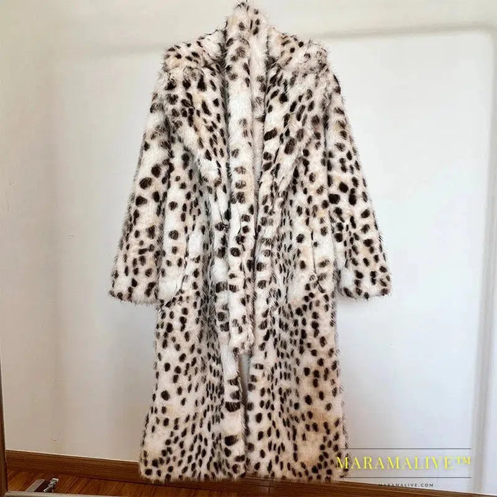 Exclusive Winter Long Belted Leopard Faux Fox Fur Coat Women Overcoats Ladies Stylish Street Fashion Fluffy Fox Fur Jacket