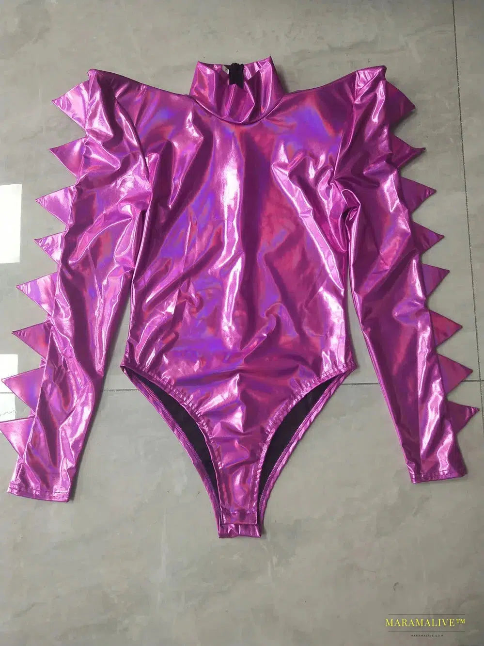 Extravagant Pink Laser Leather Goth-Inspired Bodysuit: Vibrant Festival Outfits & Stage Wear Cosplay