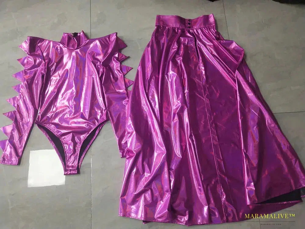 Extravagant Pink Laser Leather Goth-Inspired Bodysuit: Vibrant Festival Outfits & Stage Wear Cosplay