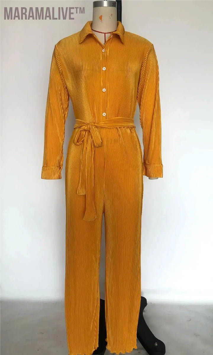 Fall Women Solid Color Button Blouse Pleated Lapel Long Sleeved Wide Leg Jumpsuit One Piece Romper Outfits With Belt