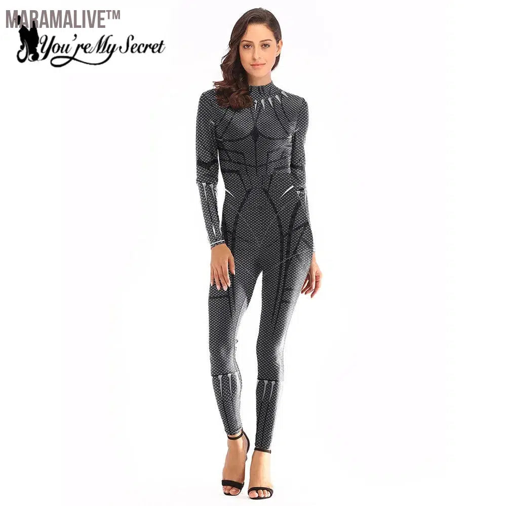 Fashion Anime Costume For Women Black Panther Bodysuit 3D Digital Printing Movie Cosplay Long Sleeve Jumpsuit