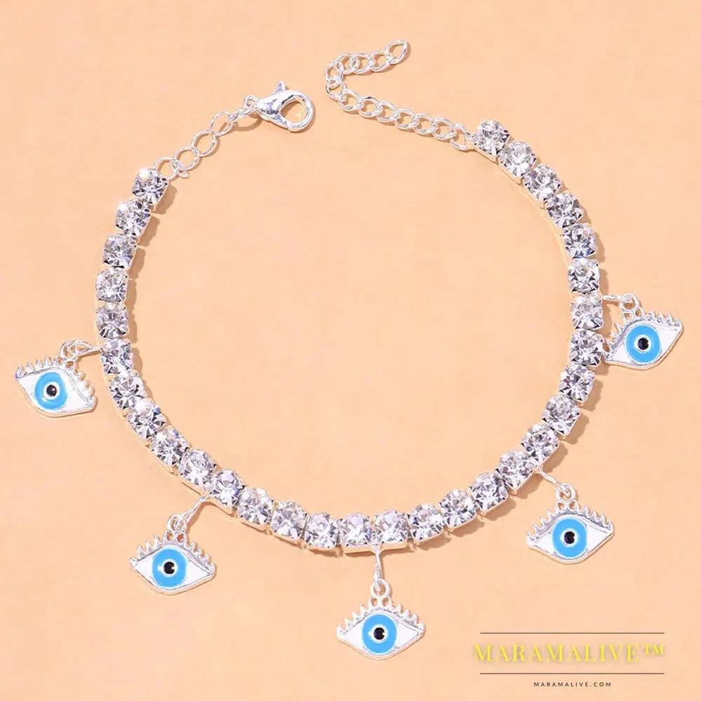 Fashion Blue Evil Eye Anklet Bracelet for Women Boho Leg Chain Rhinestone Chain Pendant Anklet Foot Jewelry