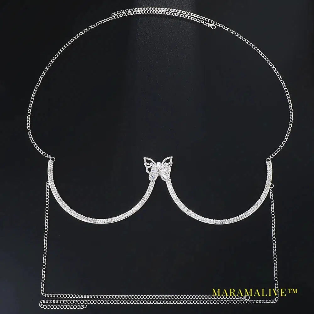 Fashion Butterfly Chest Bracket Bra Chain Harness for Women Sexy Bikini Rhinestone Chest Chain Necklace Body Jewelry