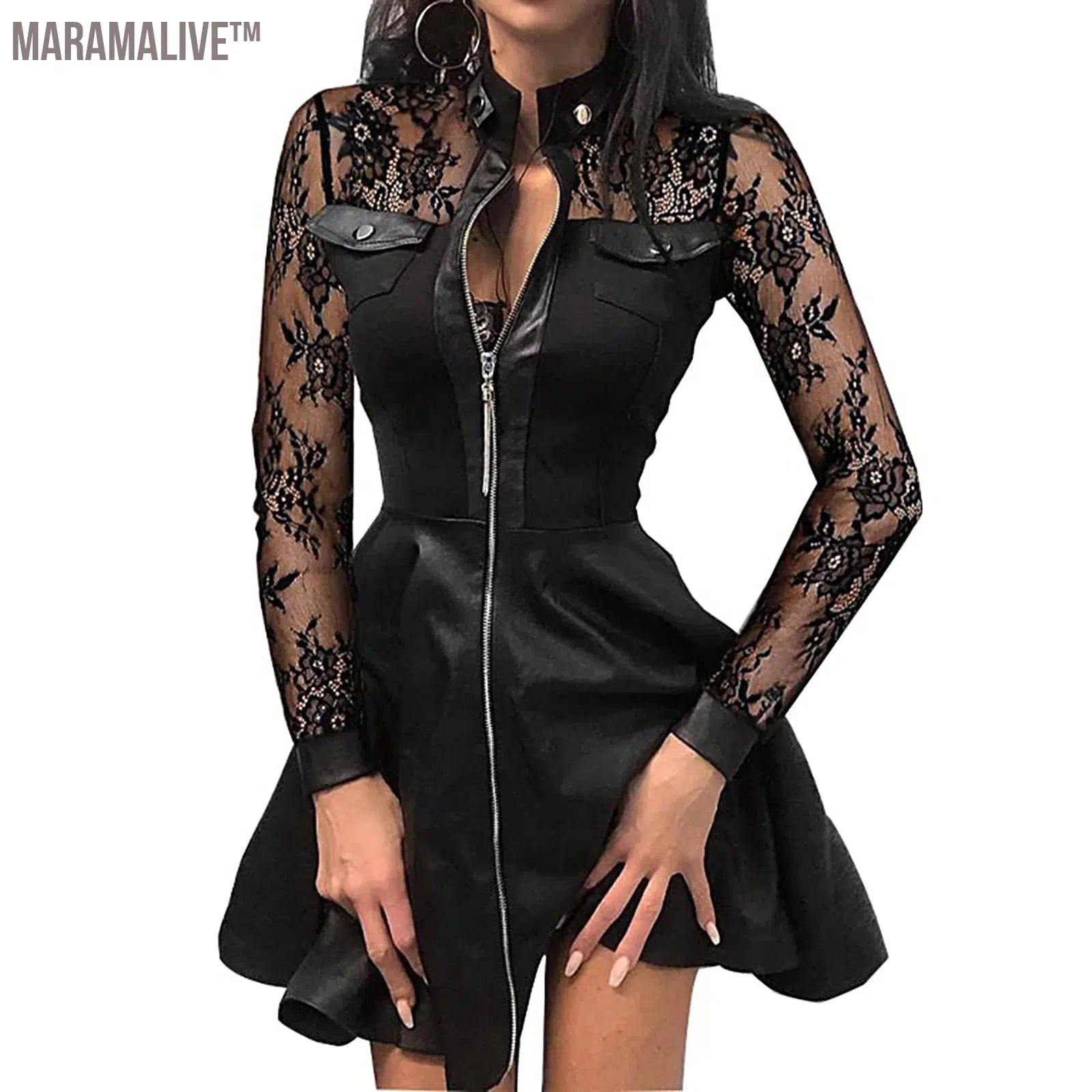 Fashion Dresses Women Lace Long Sleeve Zipper Pocket Large Hem Faux Leather Mini Dress Party elegant slim Sexy Women Dress