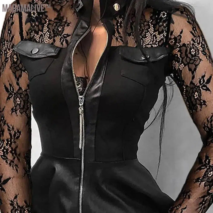 Fashion Dresses Women Lace Long Sleeve Zipper Pocket Large Hem Faux Leather Mini Dress Party elegant slim Sexy Women Dress