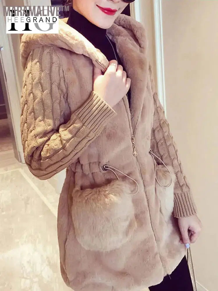 Fashion Faux Fur Coats Women Winter Plus Size S-4XL Hooded Classic Outwear Patchwork Thick Warm Luxury Knitted jacket