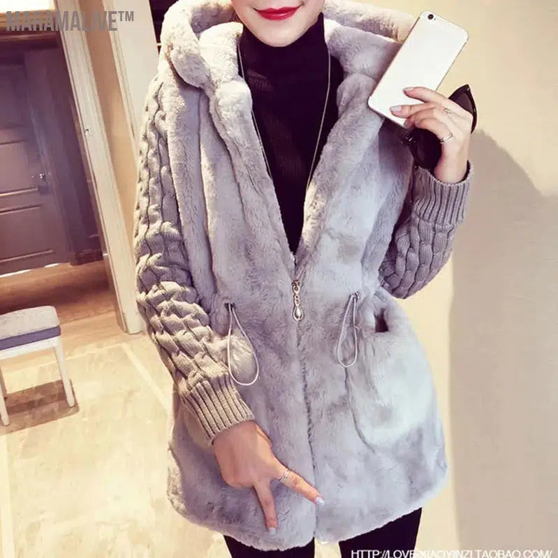 Fashion Faux Fur Coats Women Winter Plus Size S-4XL Hooded Classic Outwear Patchwork Thick Warm Luxury Knitted jacket