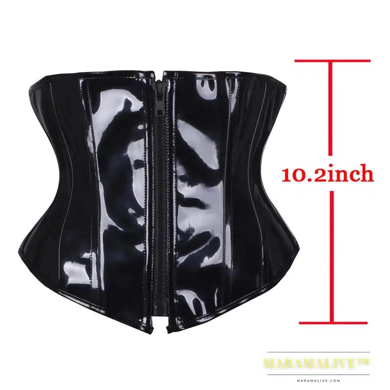 Fashion-Focused Elegant Black PVC Zipper Waist Trainer - Boned Lace-up Gothic Steampunk Underbust Corset