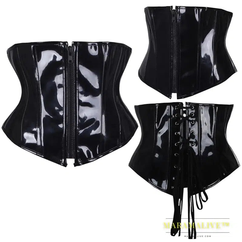 Fashion-Focused Elegant Black PVC Zipper Waist Trainer - Boned Lace-up Gothic Steampunk Underbust Corset