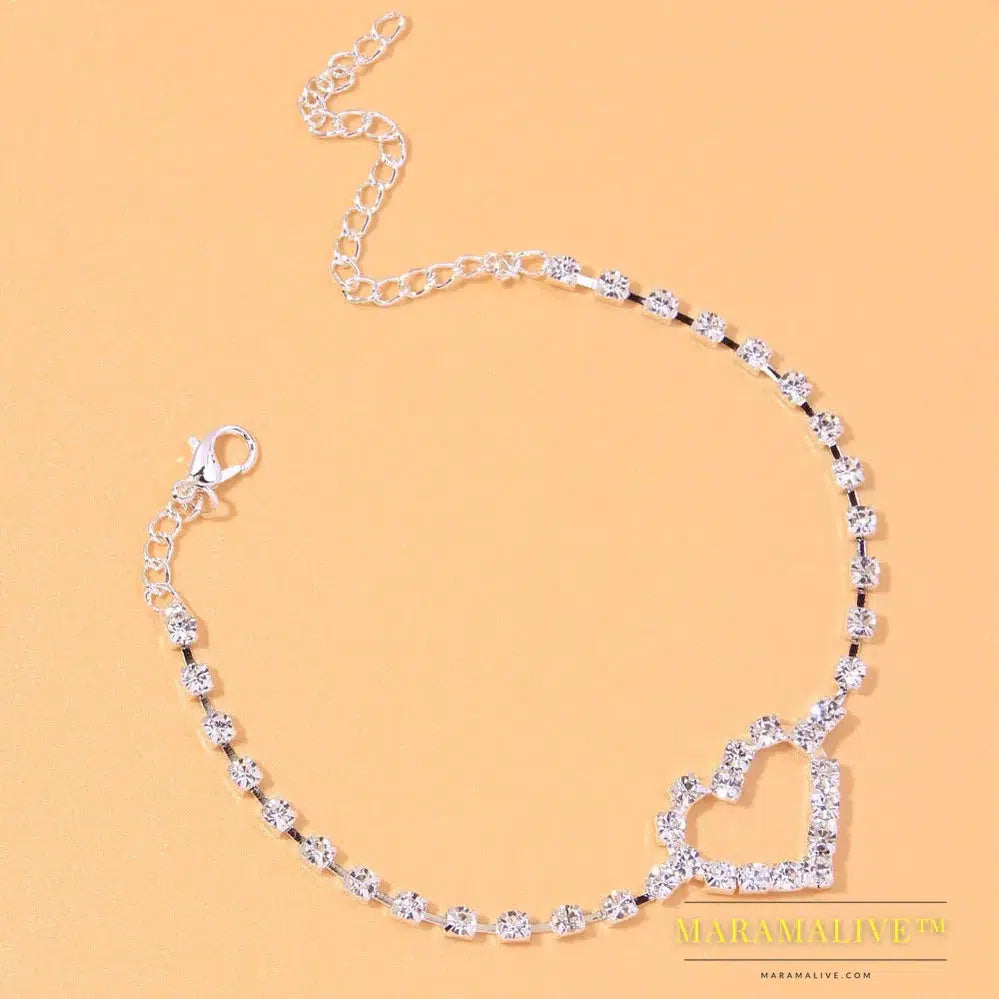 Fashion Heart Rhinestone Anklets Jewelry for Women Beach Barefoot Love Pendant Anklet Bracelet Leg Chain