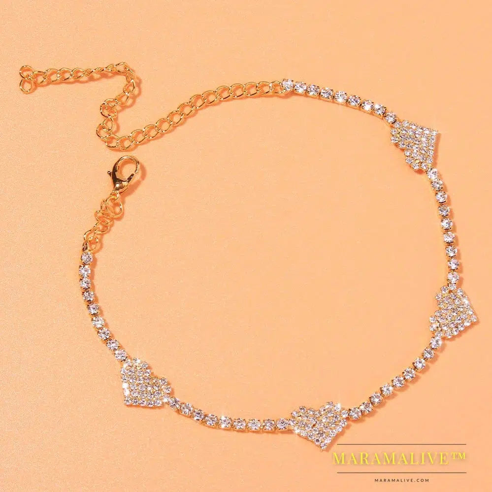 Fashion Heart Rhinestone Anklets Jewelry for Women Beach Barefoot Love Pendant Anklet Bracelet Leg Chain