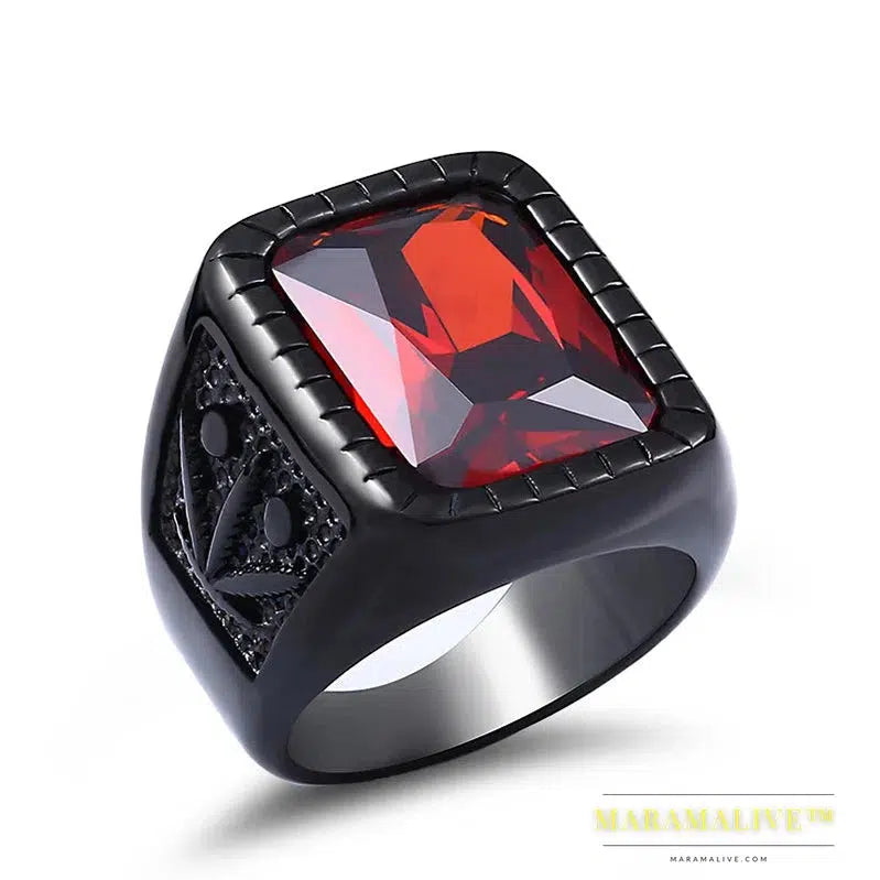 Fashion Hiphop Black/Red Stone Ring Vintage Rock Men's Ring High Quality Jewelry