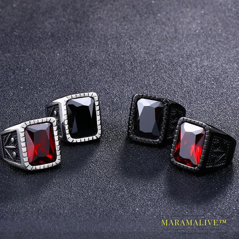 Fashion Hiphop Black/Red Stone Ring Vintage Rock Men's Ring High Quality Jewelry