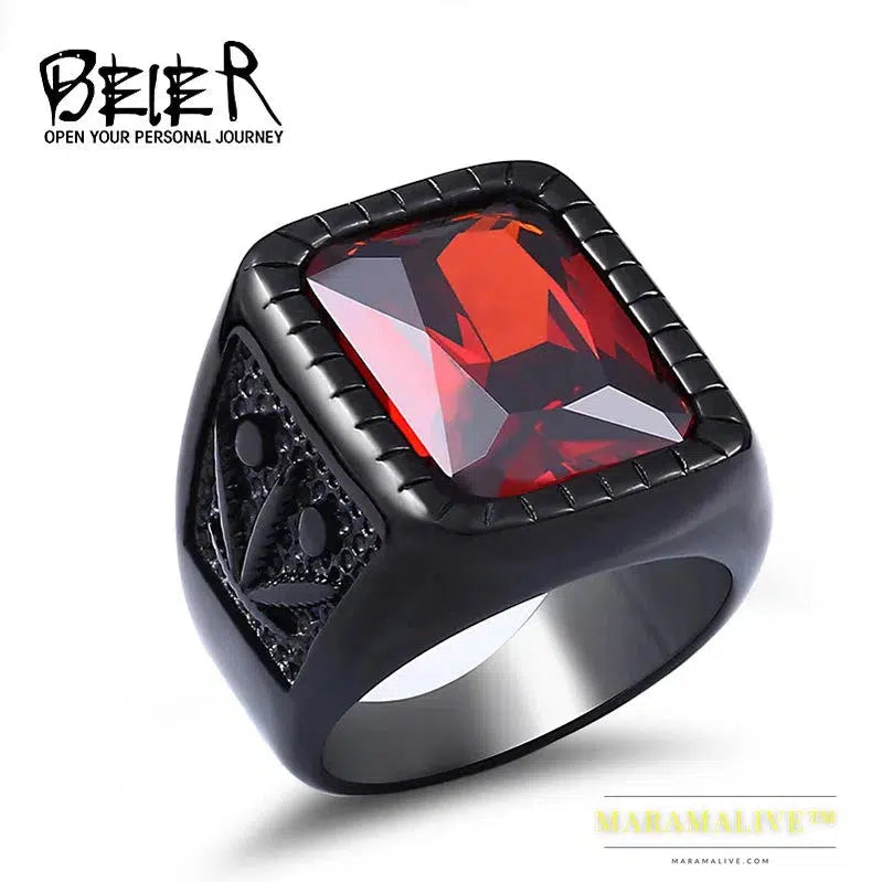 Fashion Hiphop Black/Red Stone Ring Vintage Rock Men's Ring High Quality Jewelry