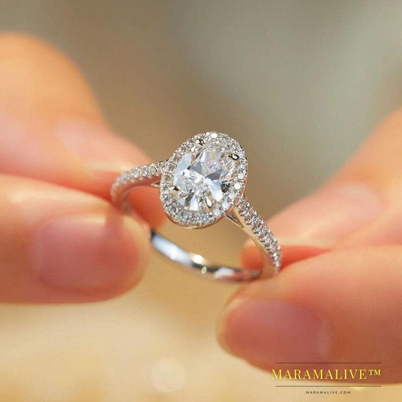 Fashion Micro Inlaid Zircon Oval Simulation Moissanite Ring Female