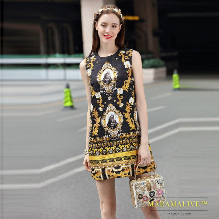 Fashion New High-End Custom Luxury Diamond-Studded And Beaded Virgin Printed Vest Dress