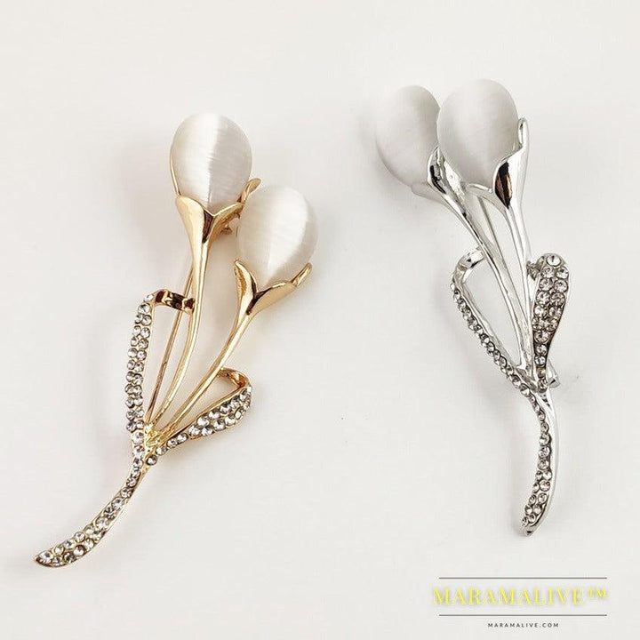 Fashion Opal Stone Tulip Brooch Pin Elegant Jewelry Flower Brooches Rhinestone