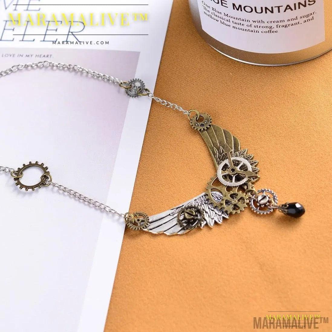 Fashion Retro Steampunk Gear Wing Pendant Necklace