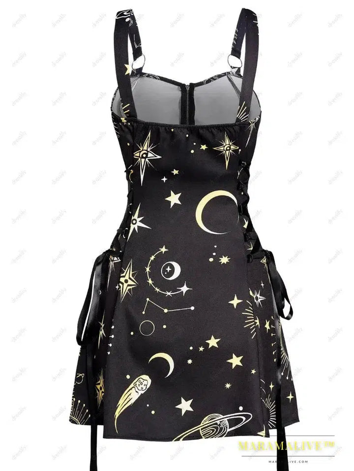 Fashion Sun Moon Print Lace Up Mini Dress Summer Sleeveless Gothic Dresses Women Square Neck Goth Vintage Clothes Y2k Vestidos