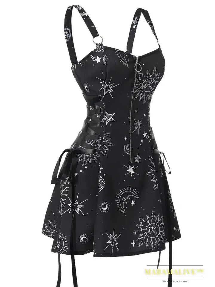 Fashion Sun Moon Print Lace Up Mini Dress Summer Sleeveless Gothic Dresses Women Square Neck Goth Vintage Clothes Y2k Vestidos