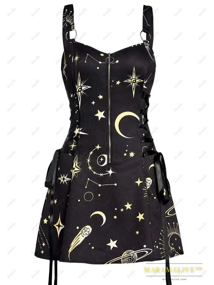 Fashion Sun Moon Print Lace Up Mini Dress Summer Sleeveless Gothic Dresses Women Square Neck Goth Vintage Clothes Y2k Vestidos