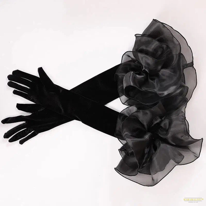 Fashion Velvet Long Gloves With Organza Ruffles Solid Color Hand Sleeve For Women Bridal Wedding Dress Photo Prop Clothing Glove