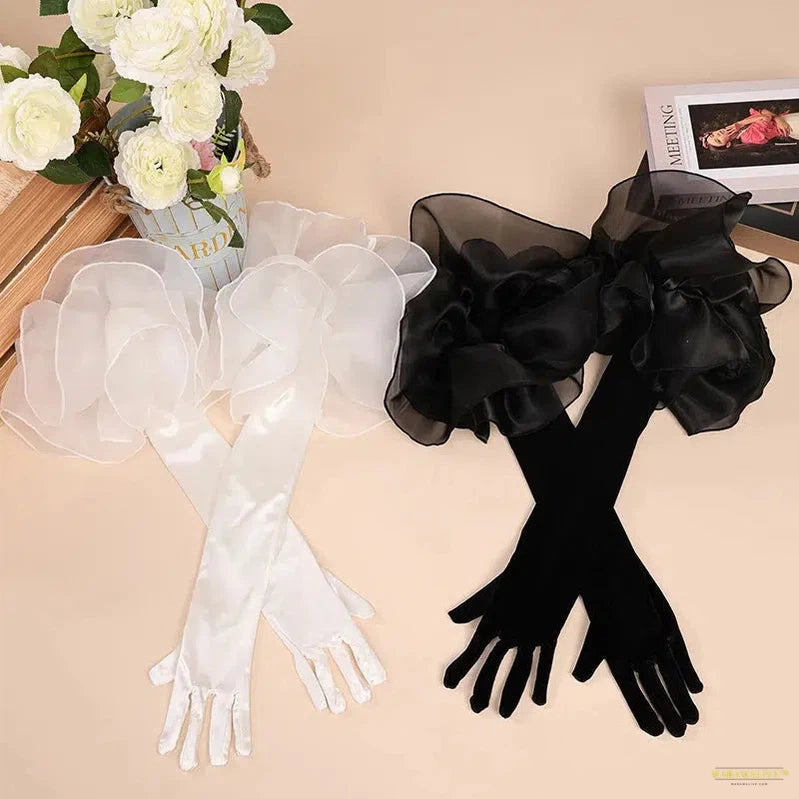 Fashion Velvet Long Gloves With Organza Ruffles Solid Color Hand Sleeve For Women Bridal Wedding Dress Photo Prop Clothing Glove