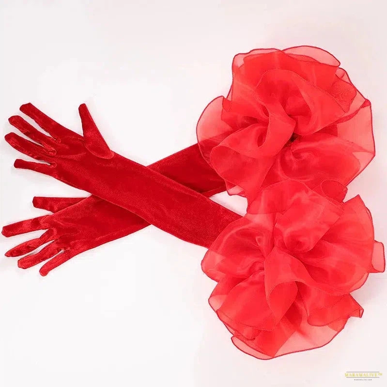 Fashion Velvet Long Gloves With Organza Ruffles Solid Color Hand Sleeve For Women Bridal Wedding Dress Photo Prop Clothing Glove