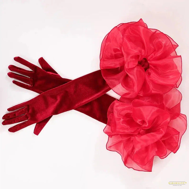 Fashion Velvet Long Gloves With Organza Ruffles Solid Color Hand Sleeve For Women Bridal Wedding Dress Photo Prop Clothing Glove