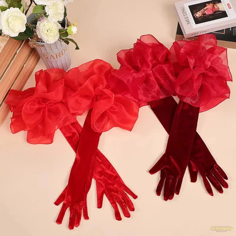 Fashion Velvet Long Gloves With Organza Ruffles Solid Color Hand Sleeve For Women Bridal Wedding Dress Photo Prop Clothing Glove