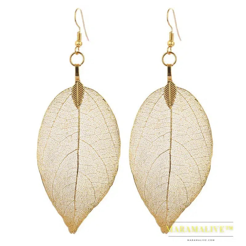 Fashion Wedding Long Earrings Filigree Dipped Unique Natural Real Leaf Earings for Women Fine Jewelry Party Gifts