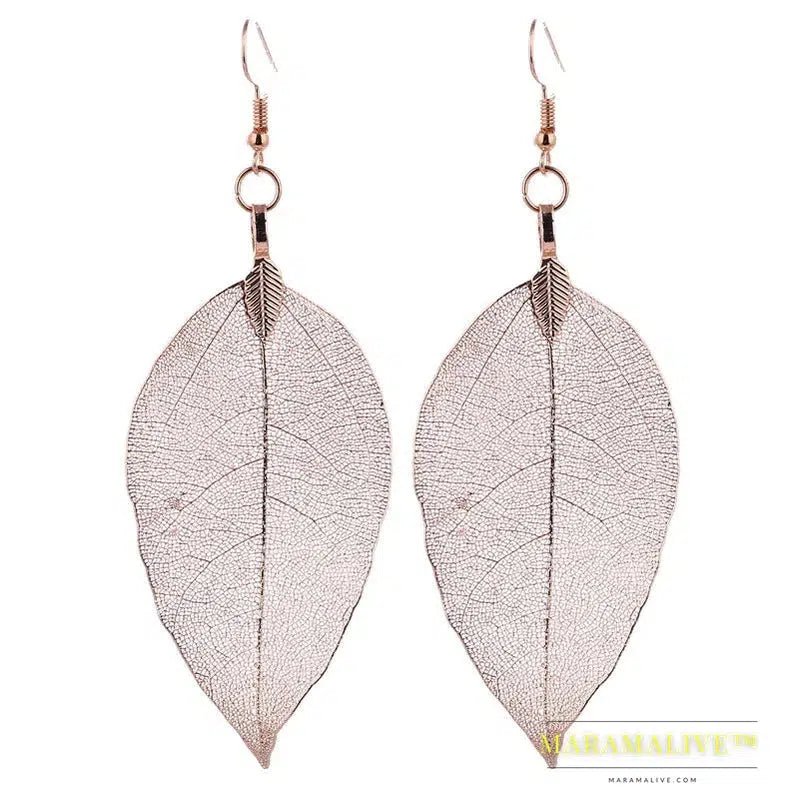 Fashion Wedding Long Earrings Filigree Dipped Unique Natural Real Leaf Earings for Women Fine Jewelry Party Gifts