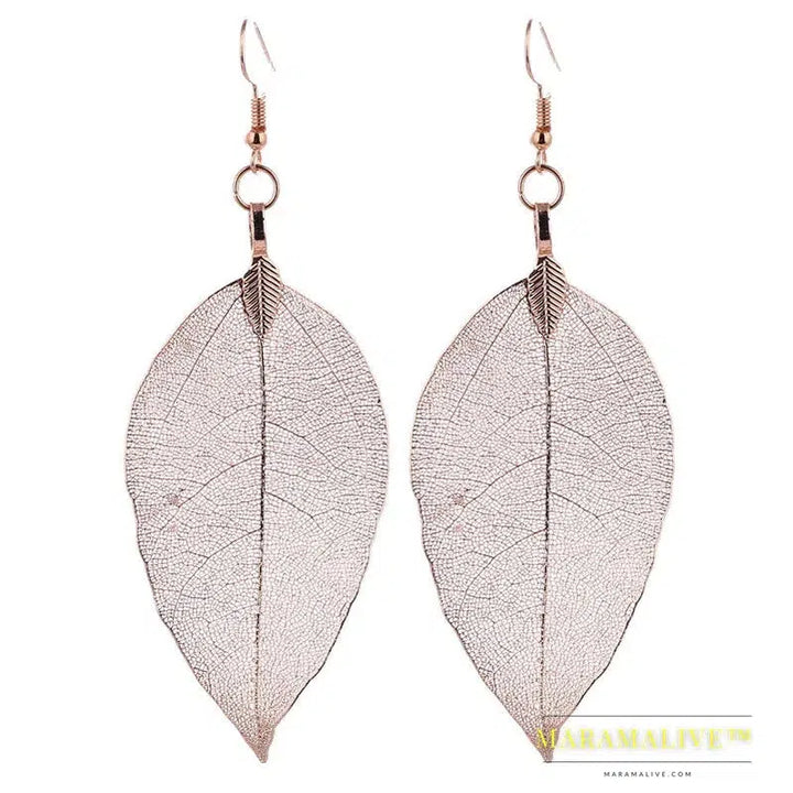 Fashion Wedding Long Earrings Filigree Dipped Unique Natural Real Leaf Earings for Women Fine Jewelry Party Gifts