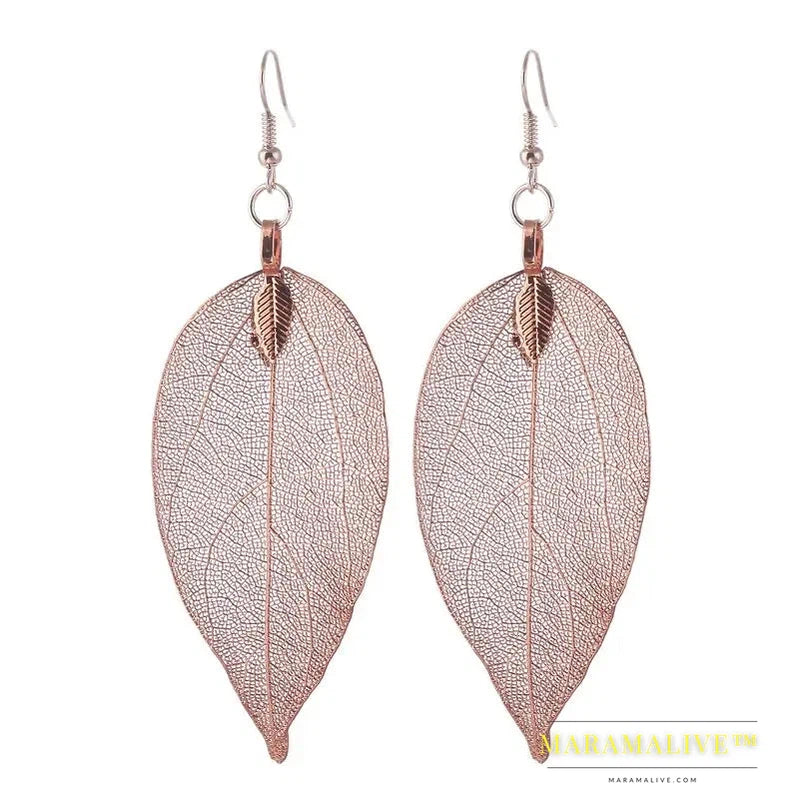 Fashion Wedding Long Earrings Filigree Dipped Unique Natural Real Leaf Earings for Women Fine Jewelry Party Gifts