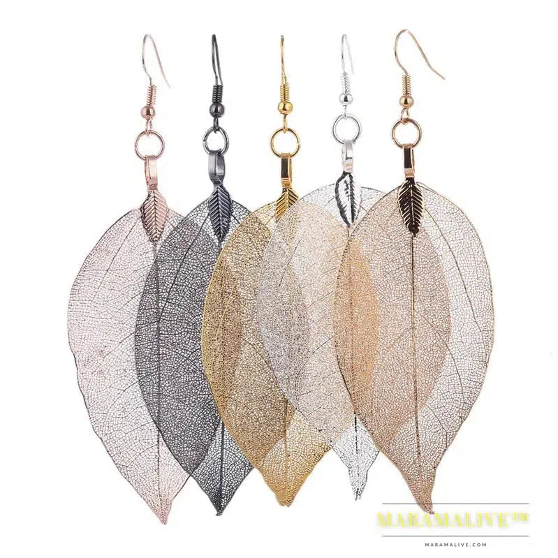 Fashion Wedding Long Earrings Filigree Dipped Unique Natural Real Leaf Earings for Women Fine Jewelry Party Gifts