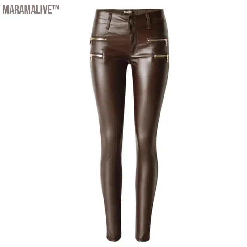 Fashion Women PU Leather Coffee Pants Low Waist Leggings Slim Leather Legging Skinny Trousers Plus Size