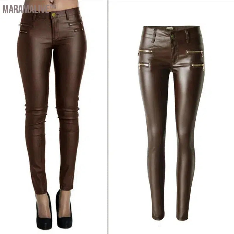 Fashion Women PU Leather Coffee Pants Low Waist Leggings Slim Leather Legging Skinny Trousers Plus Size