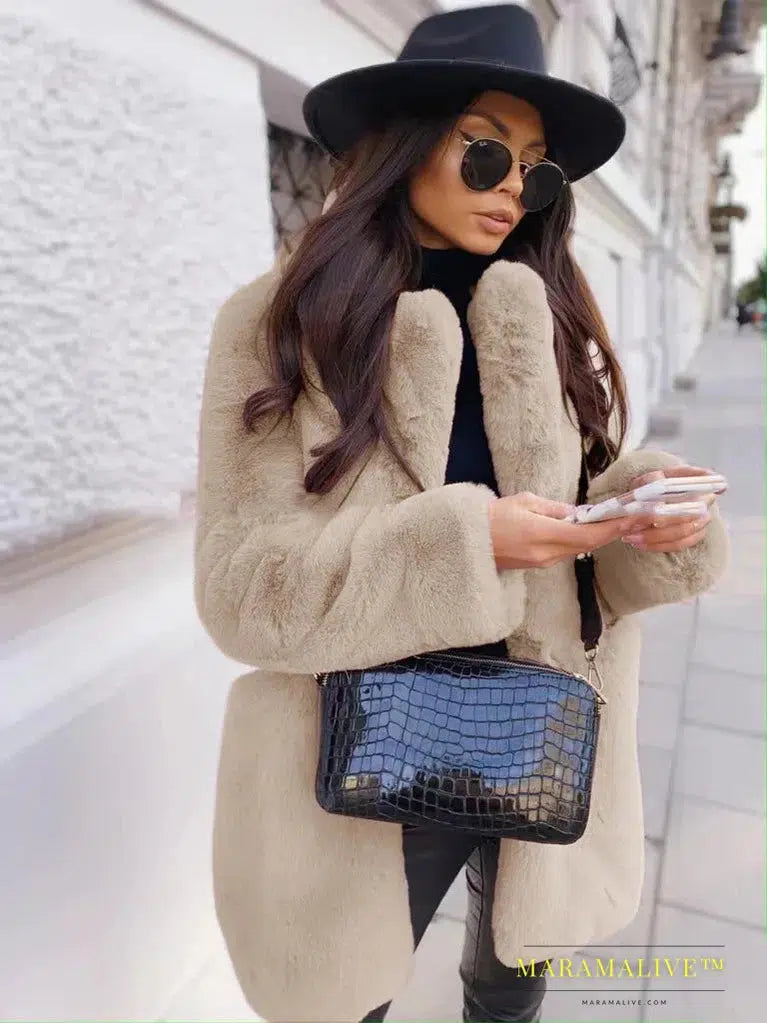 Faux Fur Coat Women Purple Long Sleeve Lapel Winter Coat New Fashion Temperament Office LadyWhite Fur Jackets Clothing Red