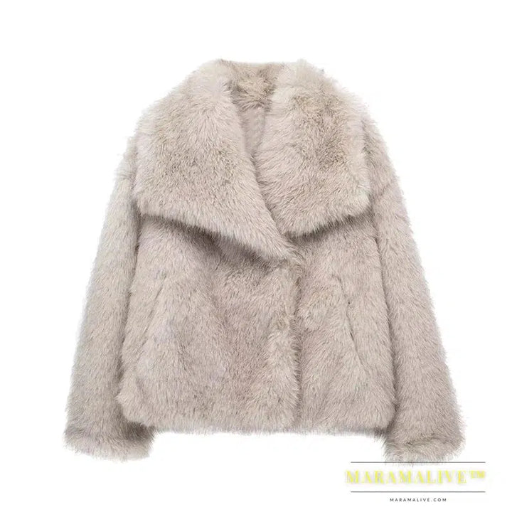 Faux Fur Coat Women Winter New Thick Warm Lapel Pockets Elegant Vintage Fluffy Jackets 2023 Fashion Hot Solid Fur Female Coats