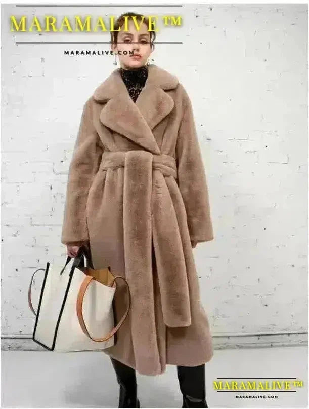 Faux Fur Maxi Jacket Women Thick Belt Autumn Winter Coat Long Warm Luxury Belt Fur Black Parkas Bontjas Furry Outerwear