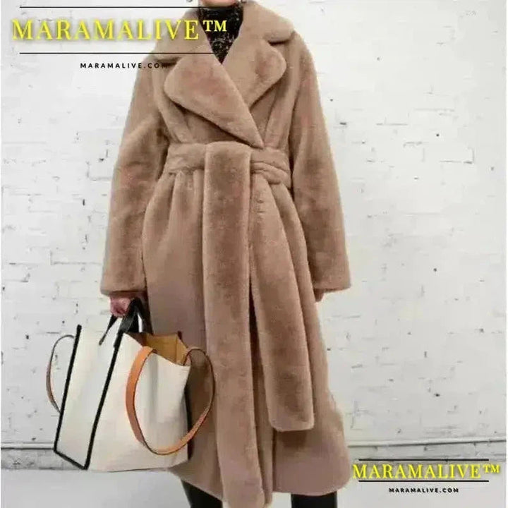 Faux Fur Maxi Jacket Women Thick Belt Autumn Winter Coat Long Warm Luxury Belt Fur Black Parkas Bontjas Furry Outerwear