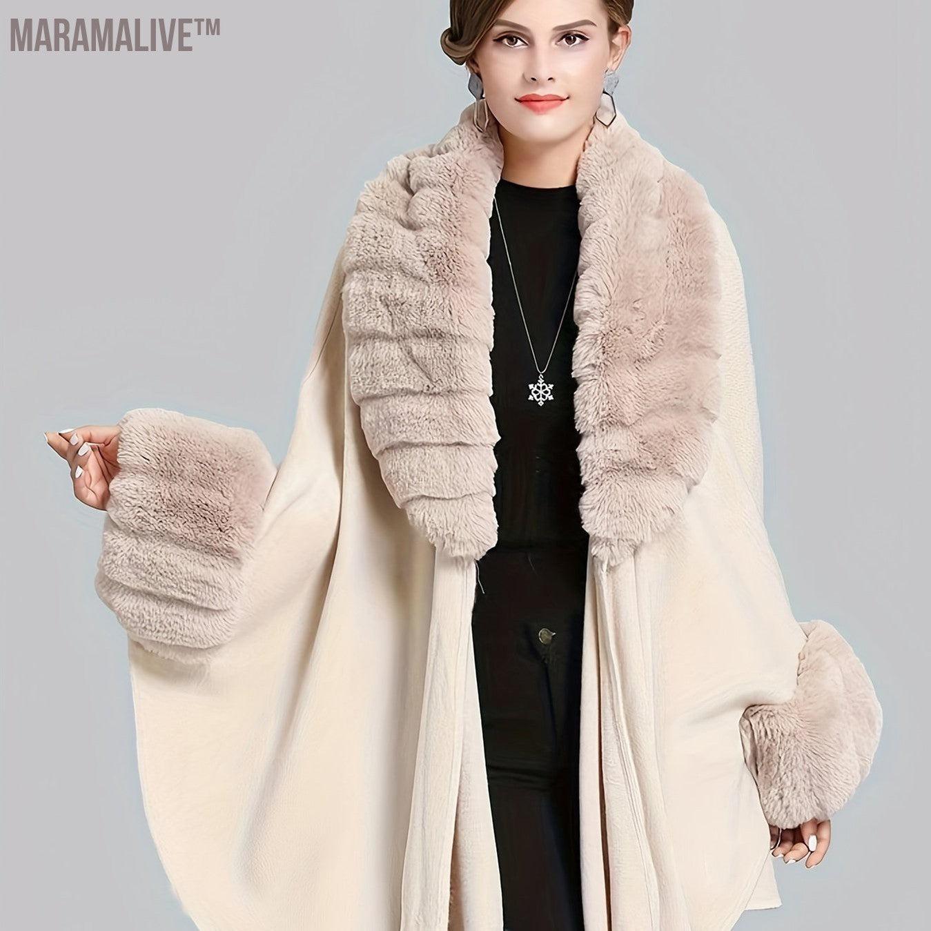 Faux Fur Trim Open Front Coat, Elegant Batwing Sleeve Cape For Fall & Winter, Women's Clothing