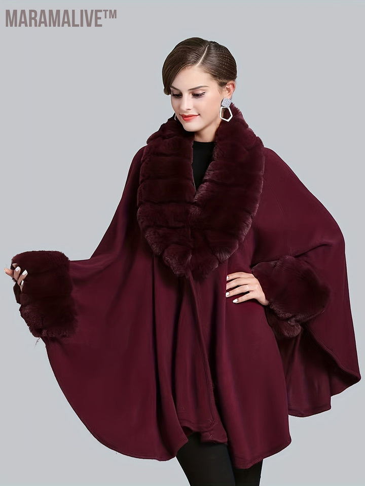 Faux Fur Trim Open Front Coat, Elegant Batwing Sleeve Cape For Fall & Winter, Women's Clothing