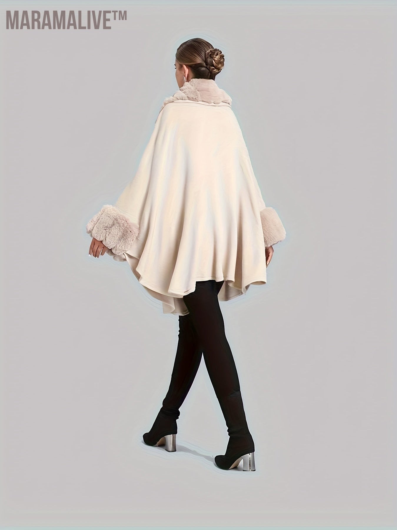 Faux Fur Trim Open Front Coat, Elegant Batwing Sleeve Cape For Fall & Winter, Women's Clothing