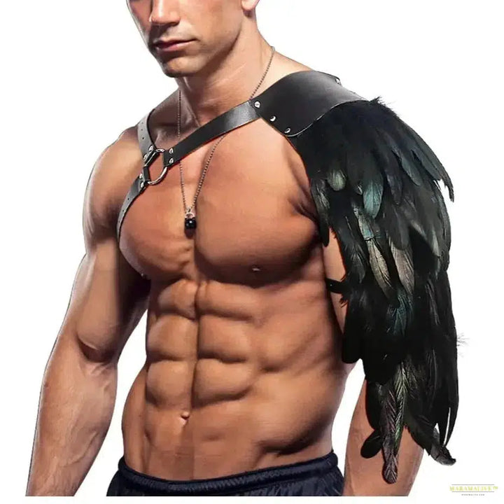 Feather Cloak Halloween Medieval Man Gothic Shoulder Armor Black PU Leather Harness Armour Cape Pirate Vampire Cosplay Costume